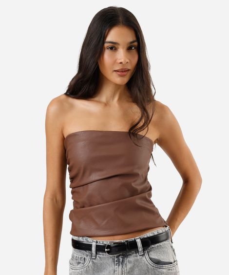 blusa sem alça feminina de pu franzida marrom