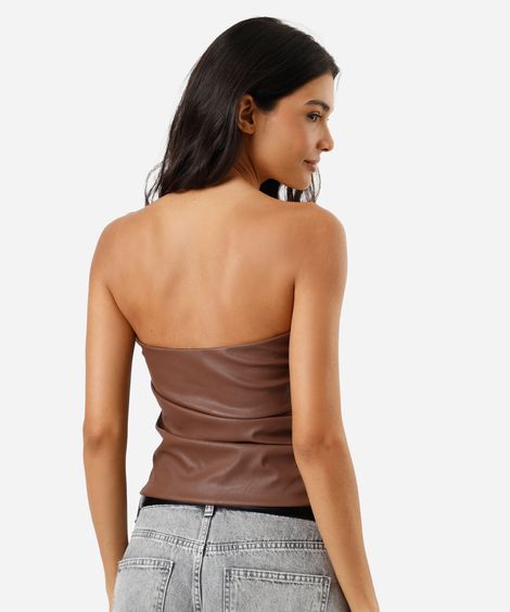 blusa sem alça feminina de pu franzida marrom