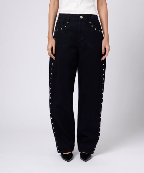 calça wide leg feminina jeans com tachas mindset preta