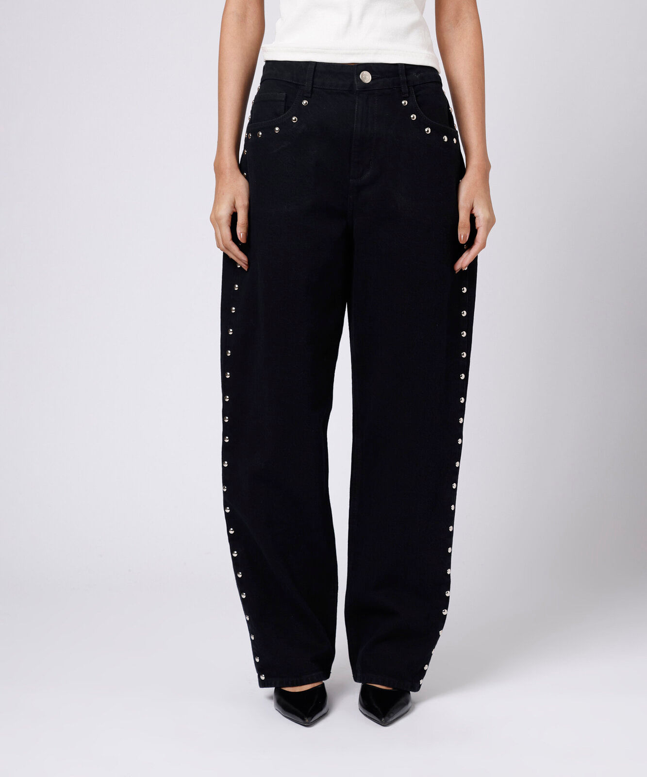 calça wide leg feminina jeans com tachas mindset preta