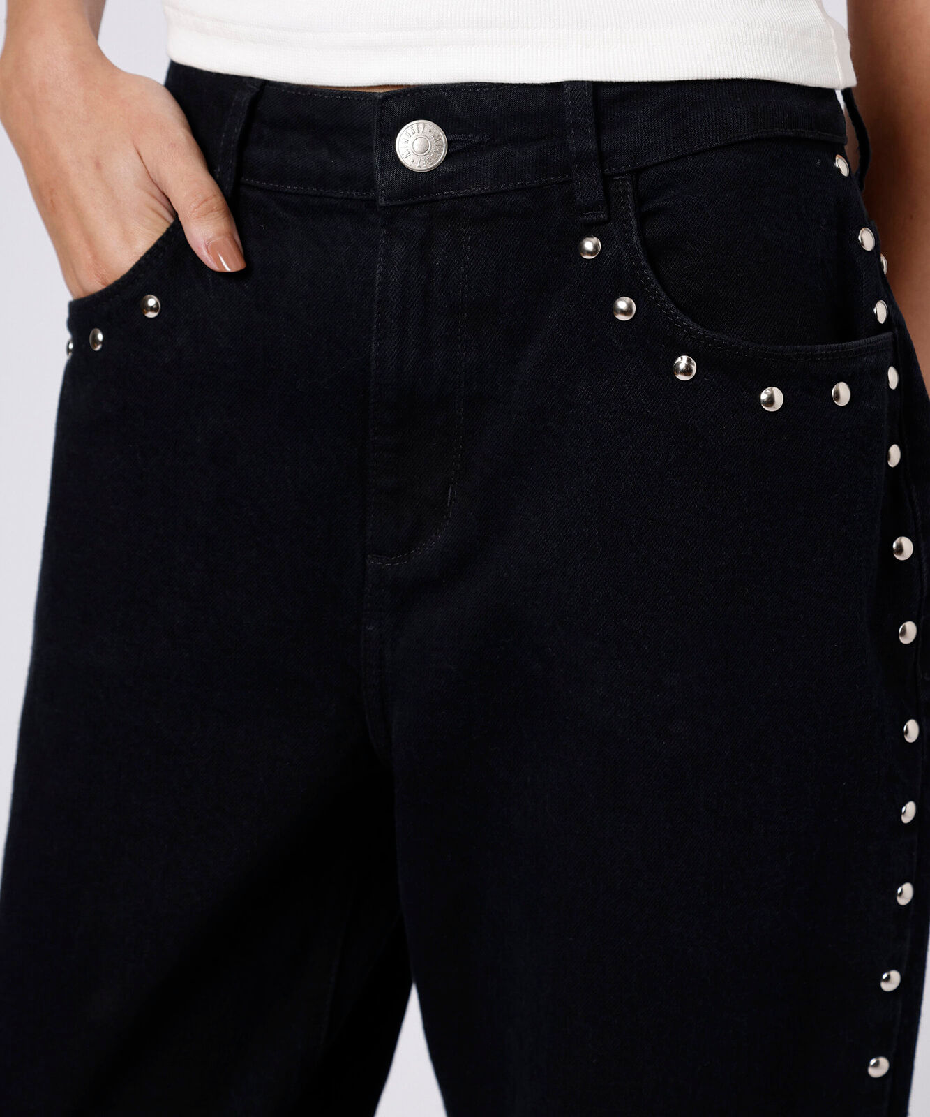 calça wide leg feminina jeans com tachas mindset preta