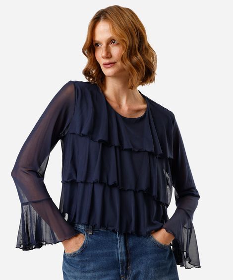 bata feminina de tule com babados azul