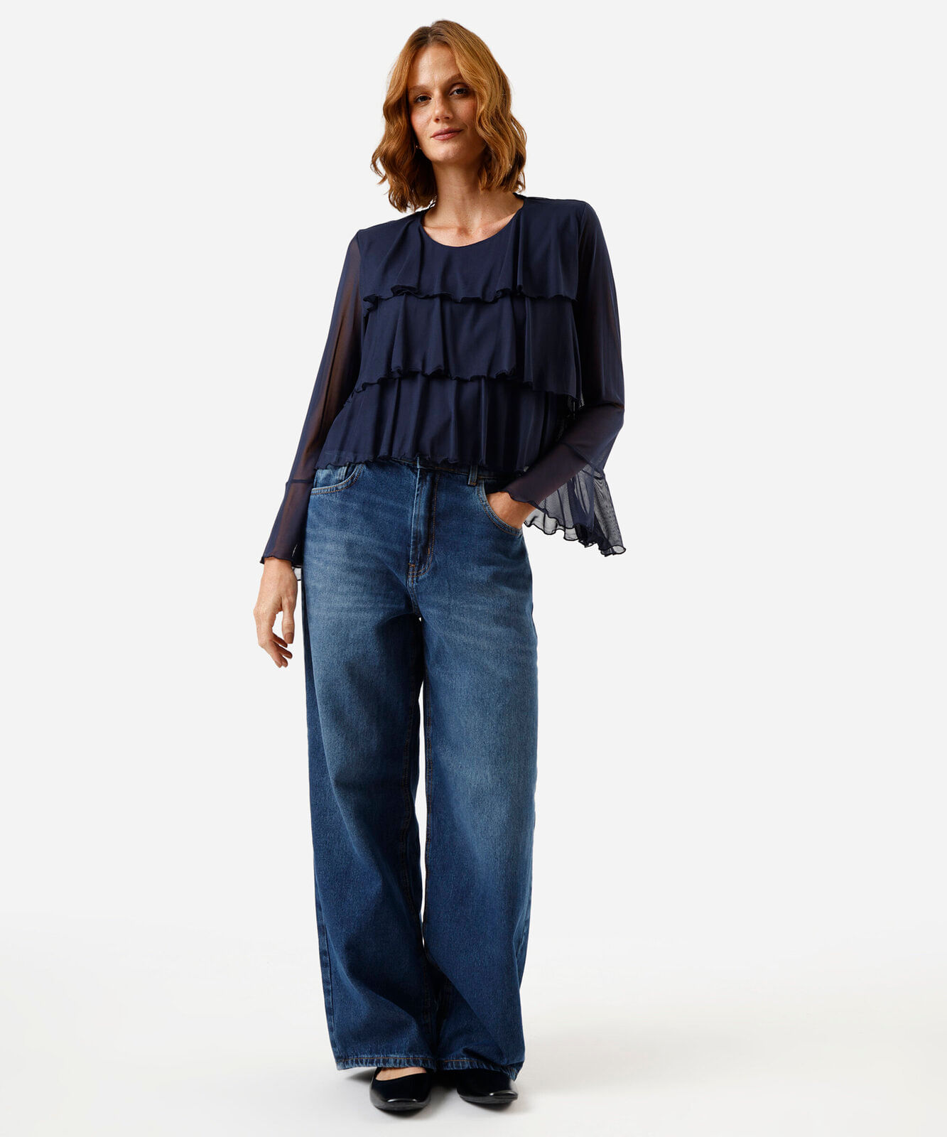 bata feminina de tule com babados azul