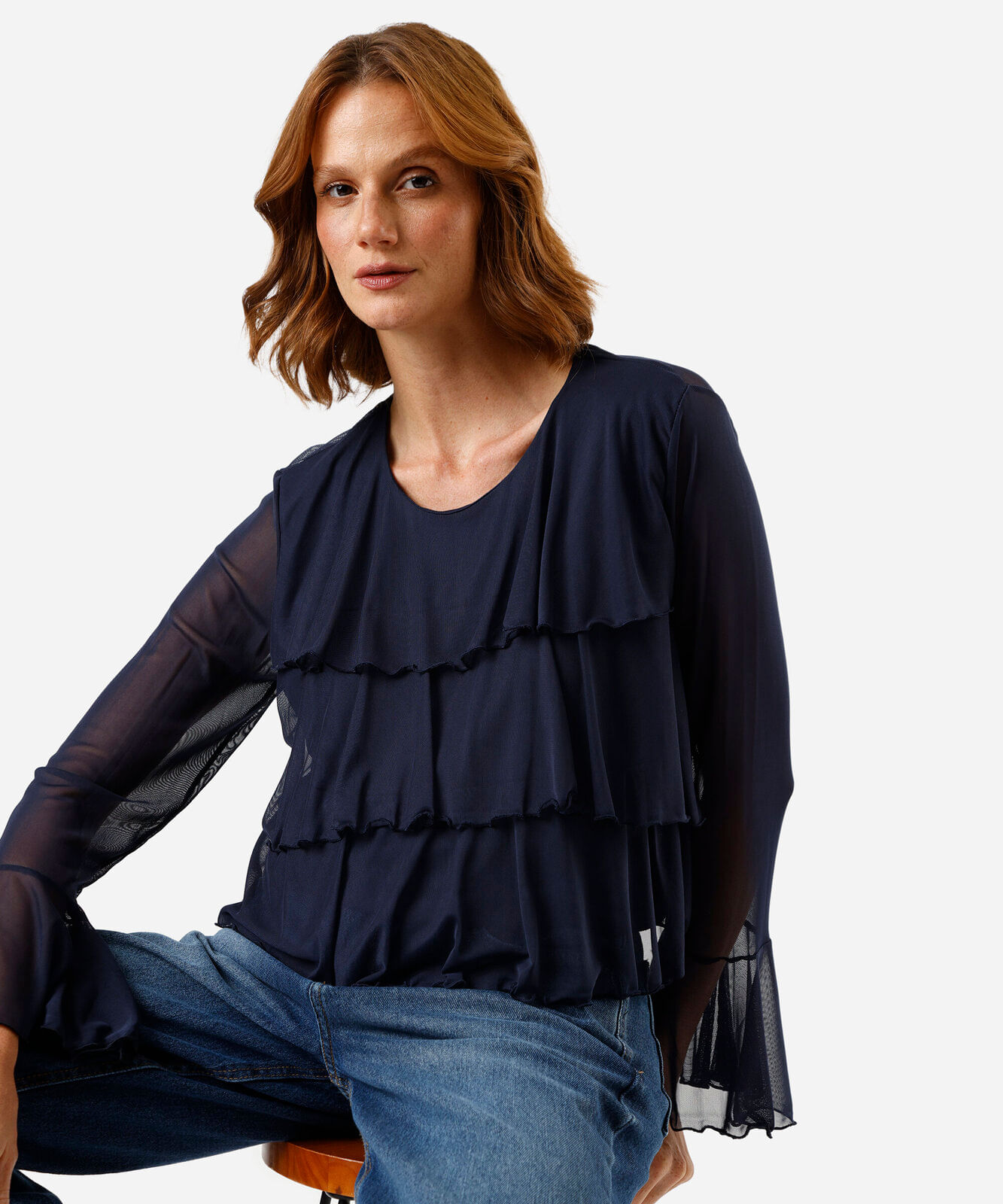 bata feminina de tule com babados azul