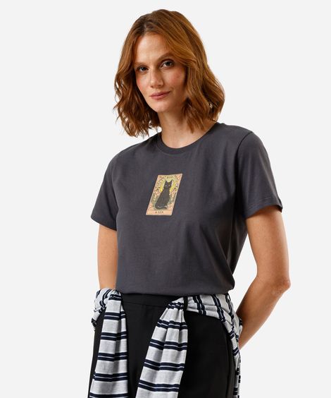 camiseta feminina de algodão manga curta estampada cinza