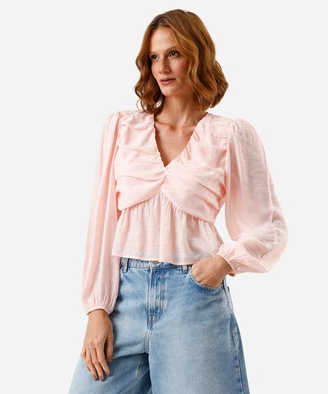 blusa feminina com viscose e pregas manga bufante rosa