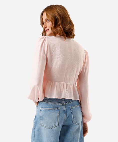blusa feminina com viscose e pregas manga bufante rosa