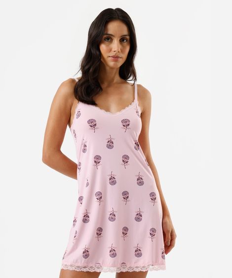 camisola alça fina feminina de poliamida com renda floral rosa