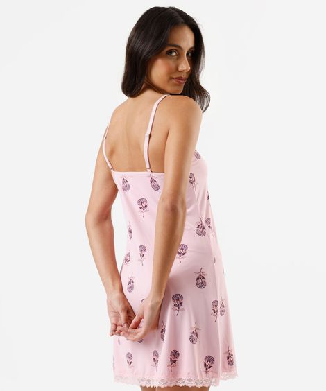 camisola alça fina feminina de poliamida com renda floral rosa