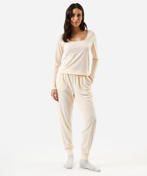 pijama longo feminino animal print bege