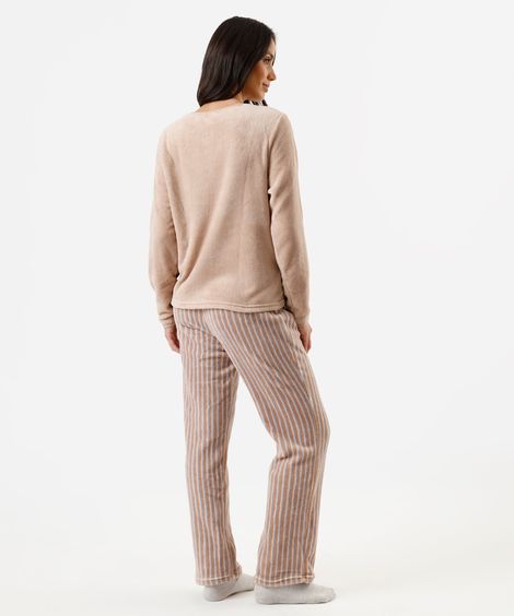 pijama longo feminino de fleece ursinho pooh listrado bege