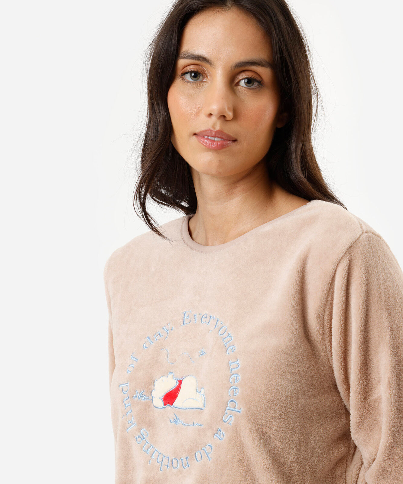 pijama longo feminino de fleece ursinho pooh listrado bege