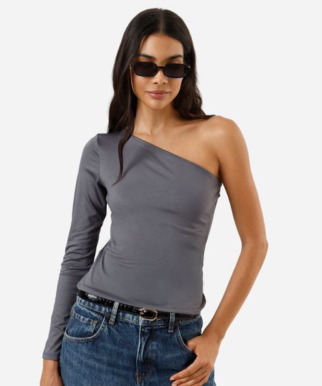 blusa ombro único feminina manga longa cinza