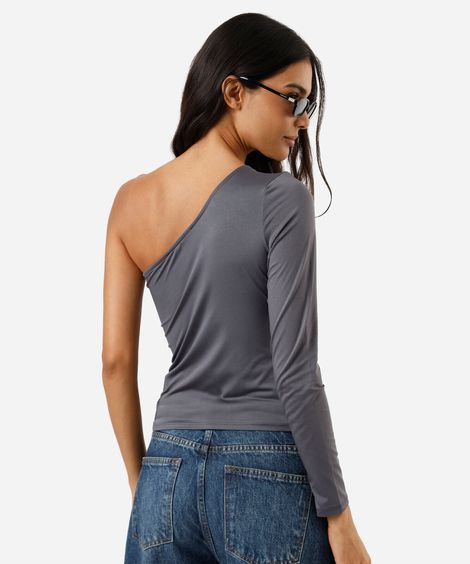 blusa ombro único feminina manga longa cinza