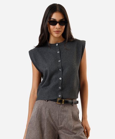 colete feminino de tricot com ombreiras cinza