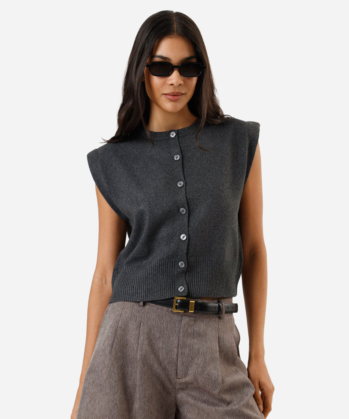 colete feminino de tricot com ombreiras cinza