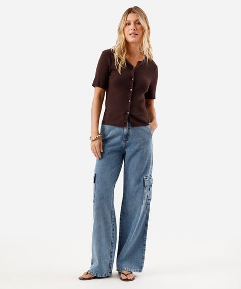 calça wide leg cargo feminina jeans sawary azul