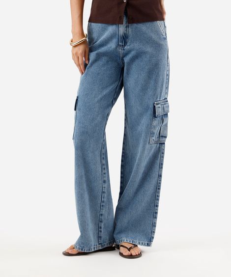 calça wide leg cargo feminina jeans sawary azul