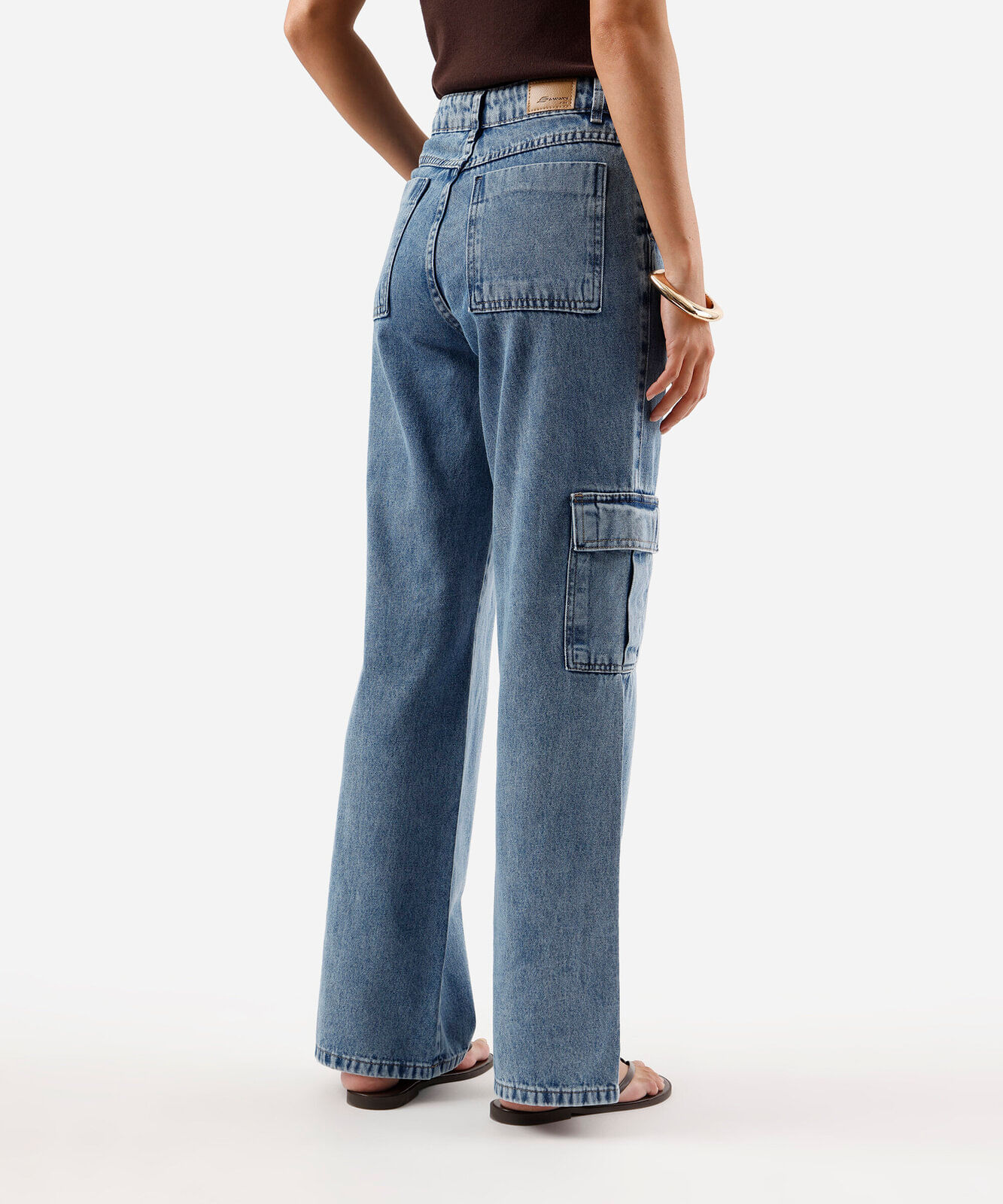 calça wide leg cargo feminina jeans sawary azul