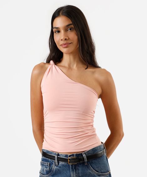 blusa ombro único feminina franzida rosa