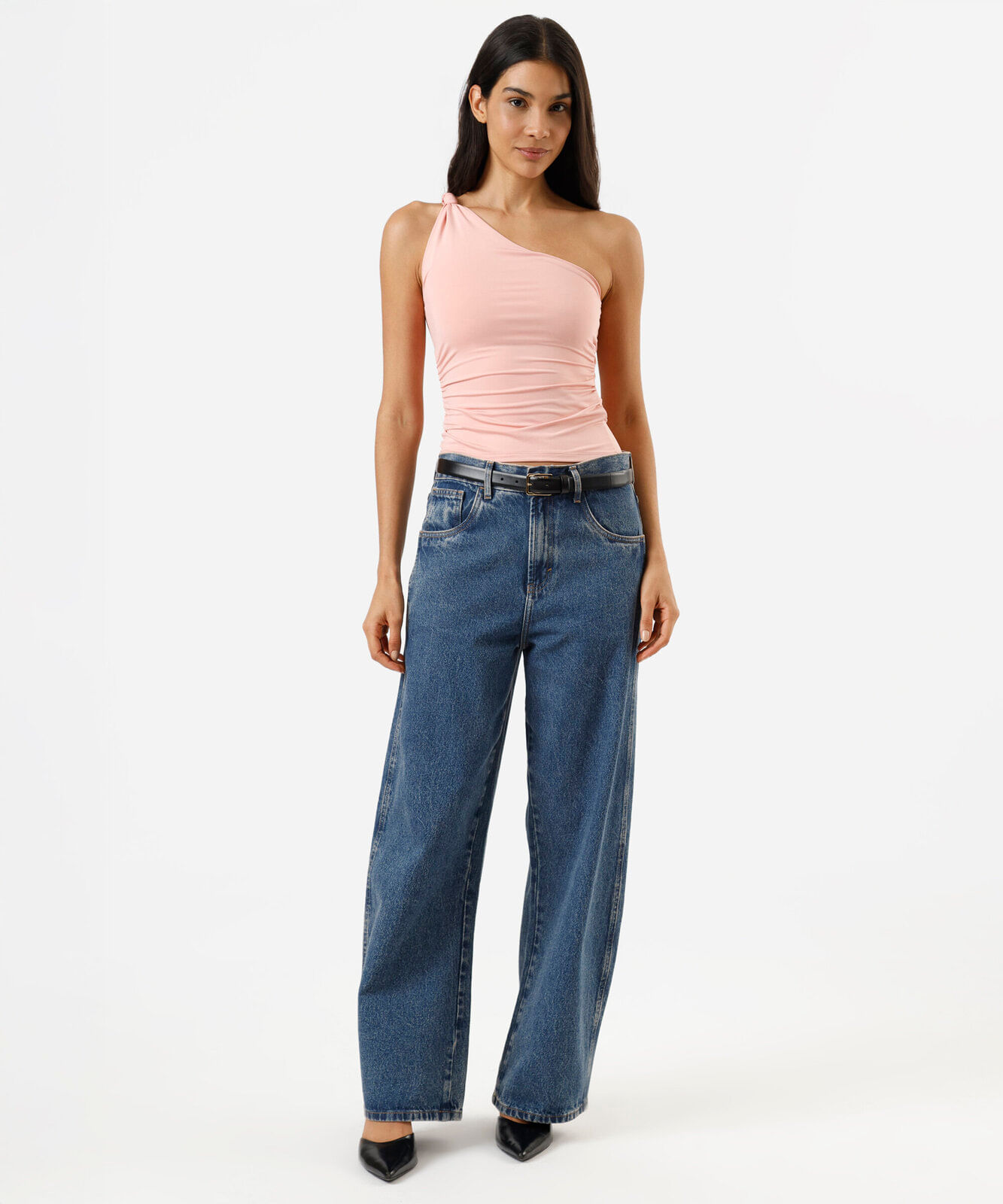 blusa ombro único feminina franzida rosa