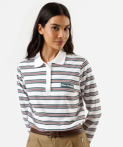 polo feminina com algodão manga longa listrada off white