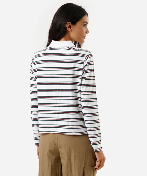polo feminina com algodão manga longa listrada off white