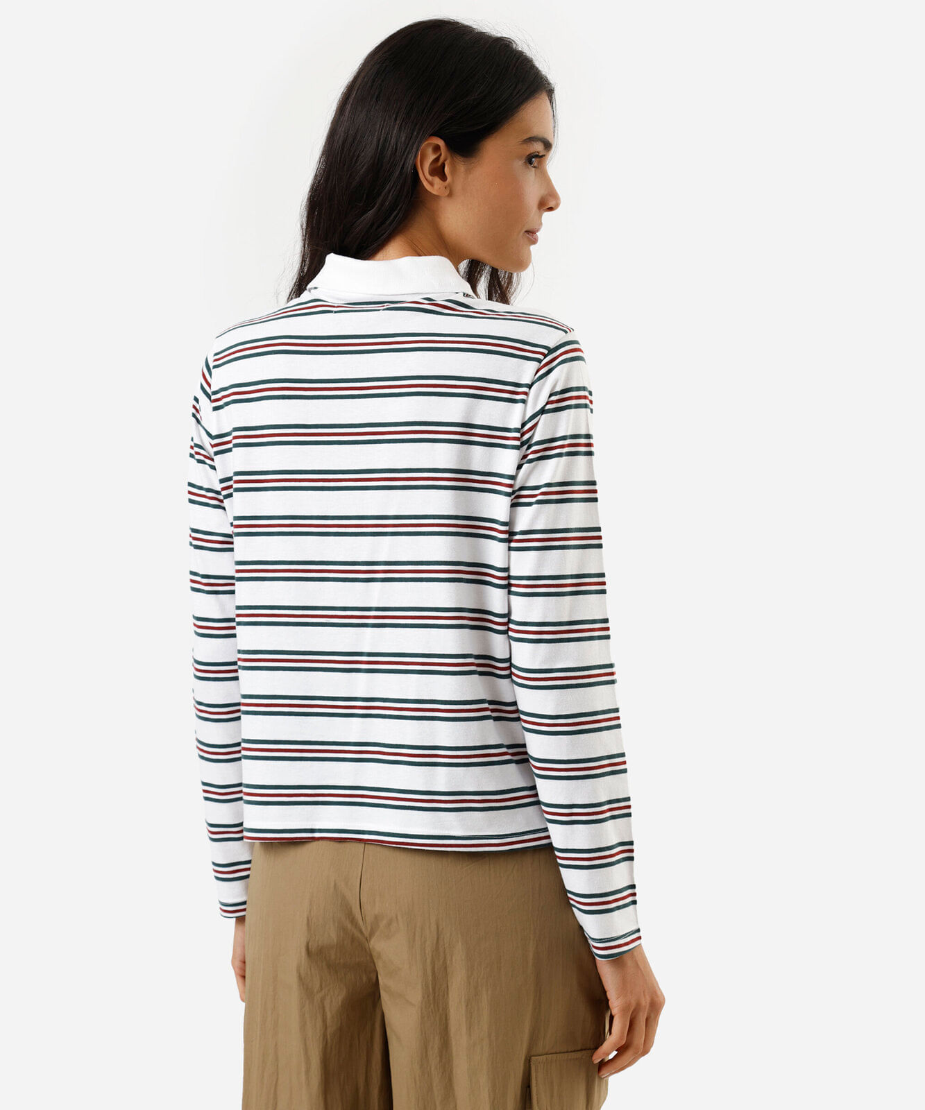 polo feminina com algodão manga longa listrada off white