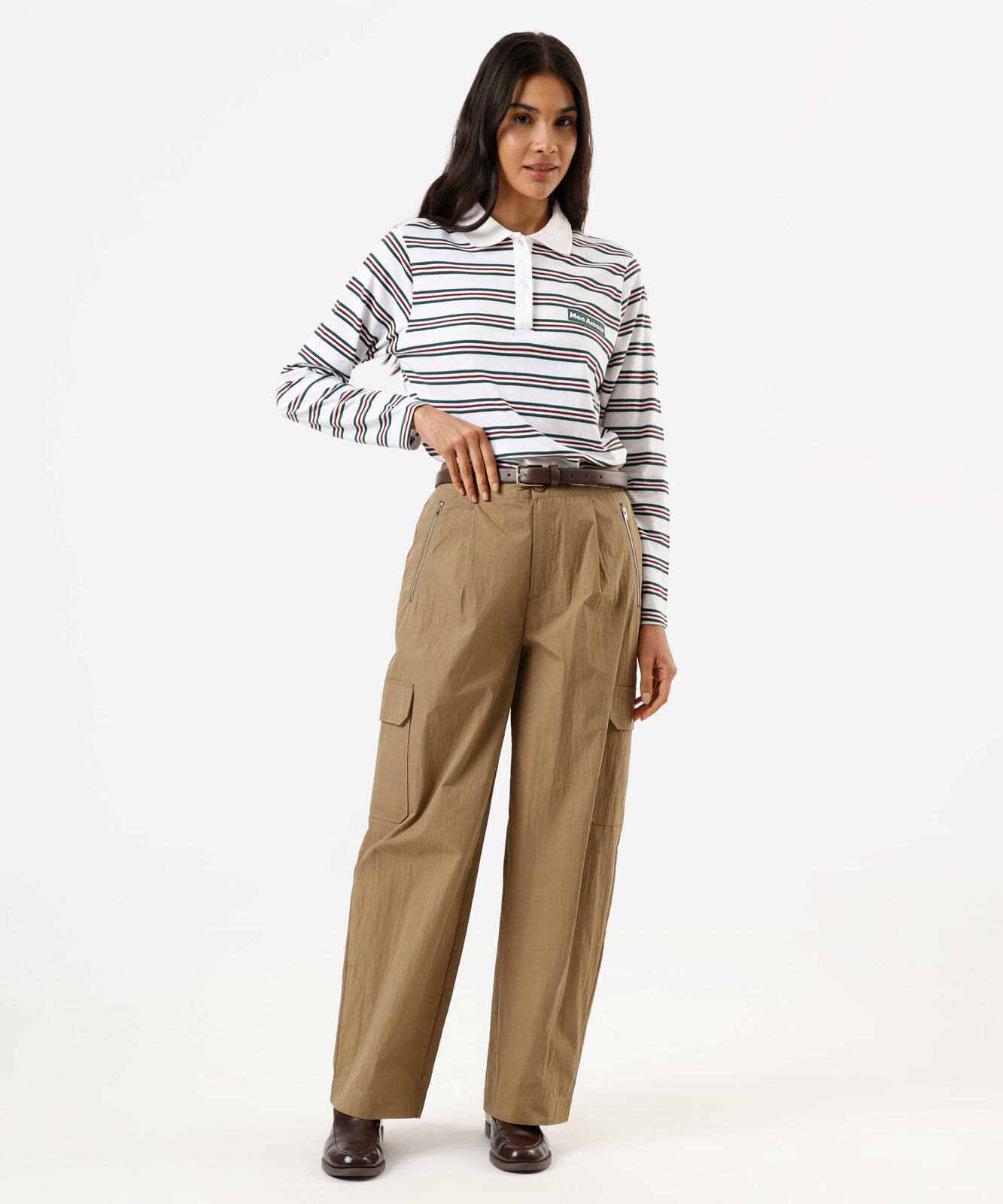 polo feminina com algodão manga longa listrada off white
