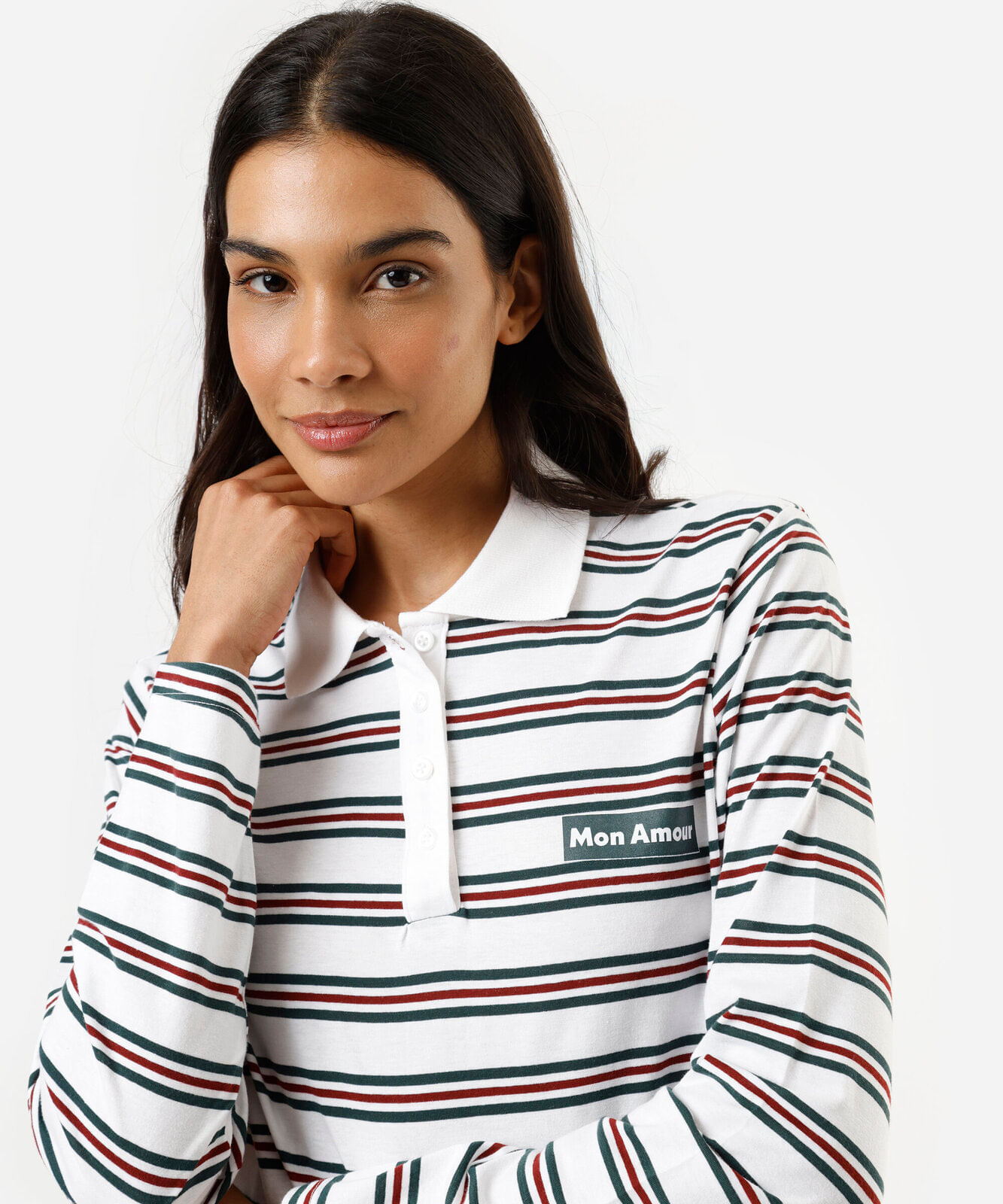 polo feminina com algodão manga longa listrada off white