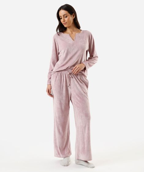 pijama longo feminino de plush manga longa rosa
