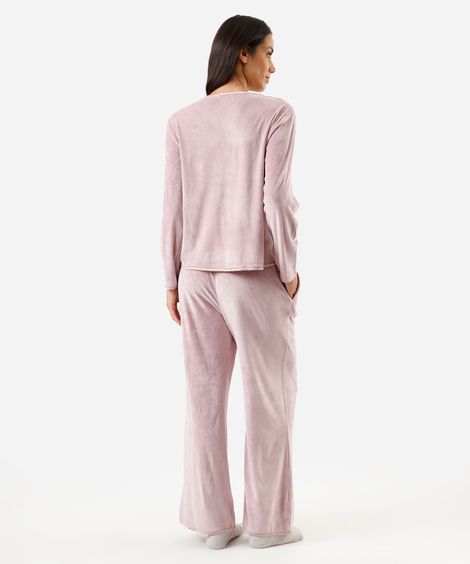 pijama longo feminino de plush manga longa rosa