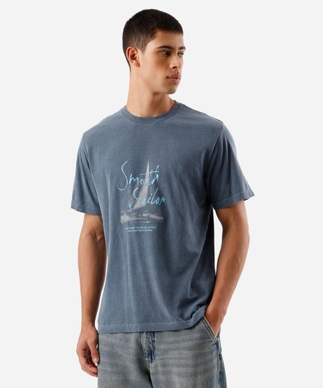 camiseta masculina de algodão manga curta estampada estonada azul
