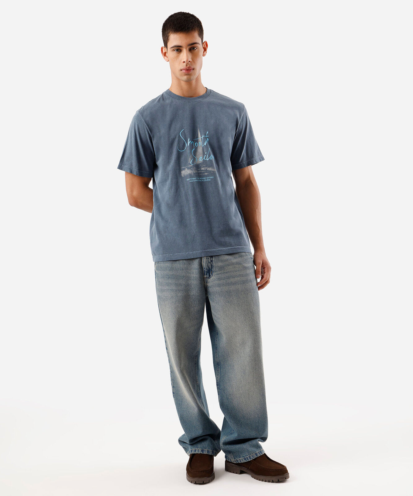 camiseta masculina de algodão manga curta estampada estonada azul
