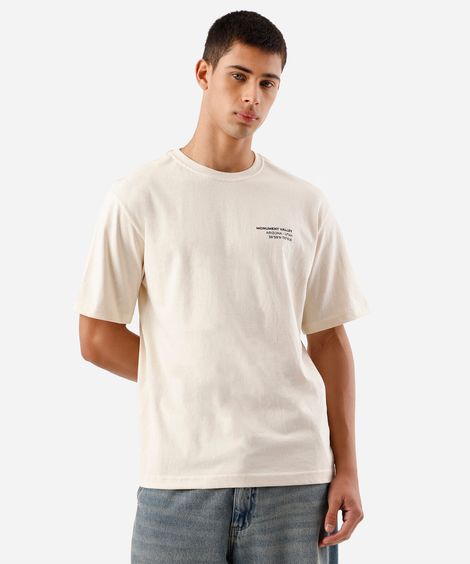 camiseta masculina de algodão manga curta estampada bege