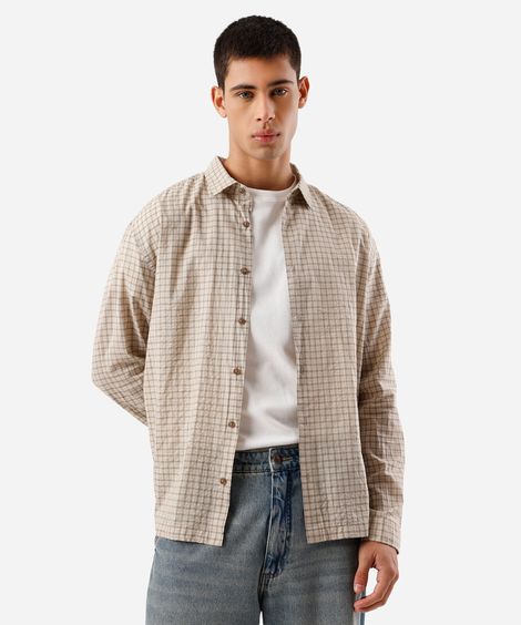 camisa masculina de algodão manga longa texturizada xadrez bege