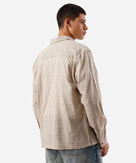 camisa masculina de algodão manga longa texturizada xadrez bege