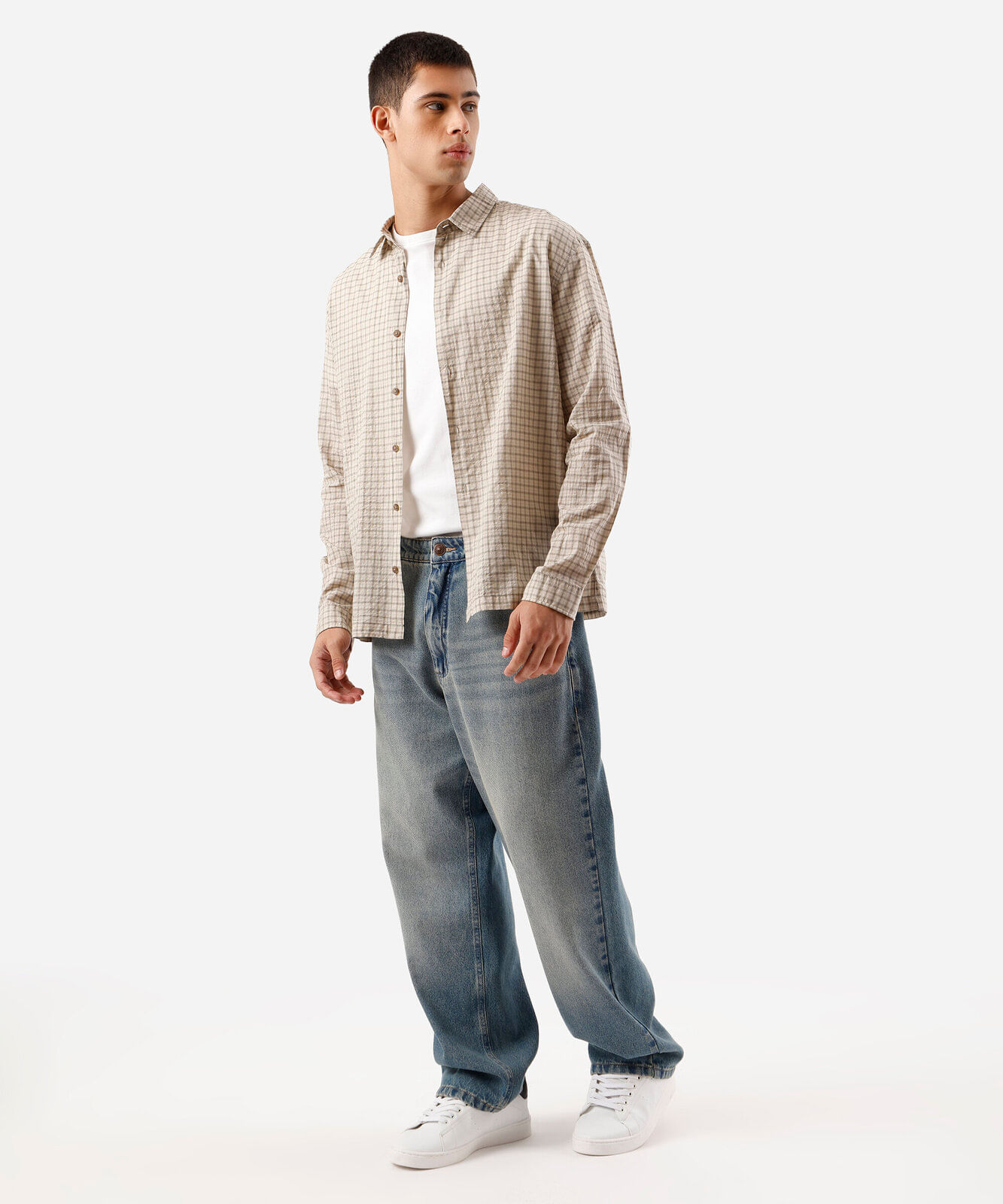 camisa masculina de algodão manga longa texturizada xadrez bege