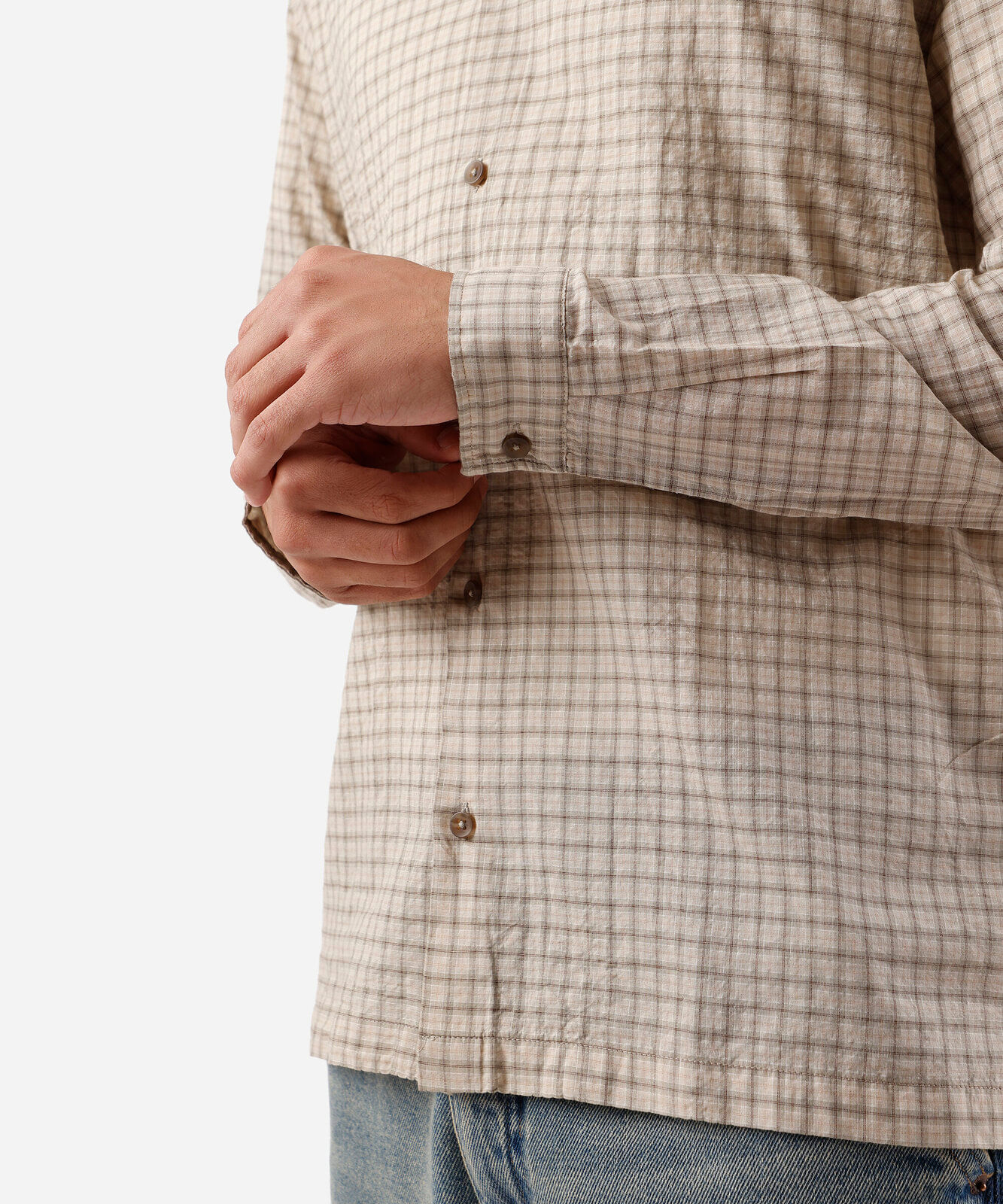 camisa masculina de algodão manga longa texturizada xadrez bege