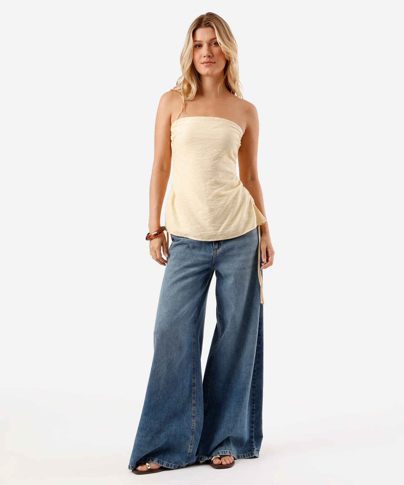 blusa sem alça feminina com viscose franzida amarela