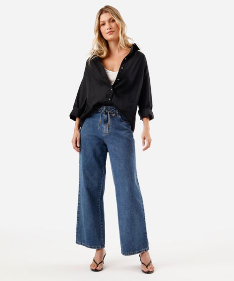 calça wide leg petit feminina jeans com cordão sawary azul