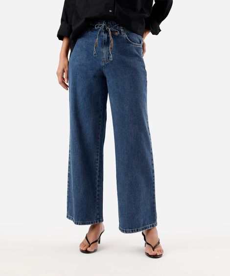 calça wide leg petit feminina jeans com cordão sawary azul