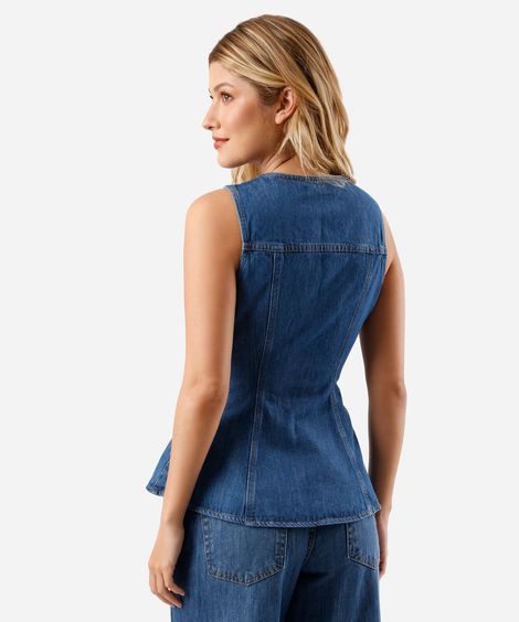 blusa peplum feminina jeans decote redondo azul