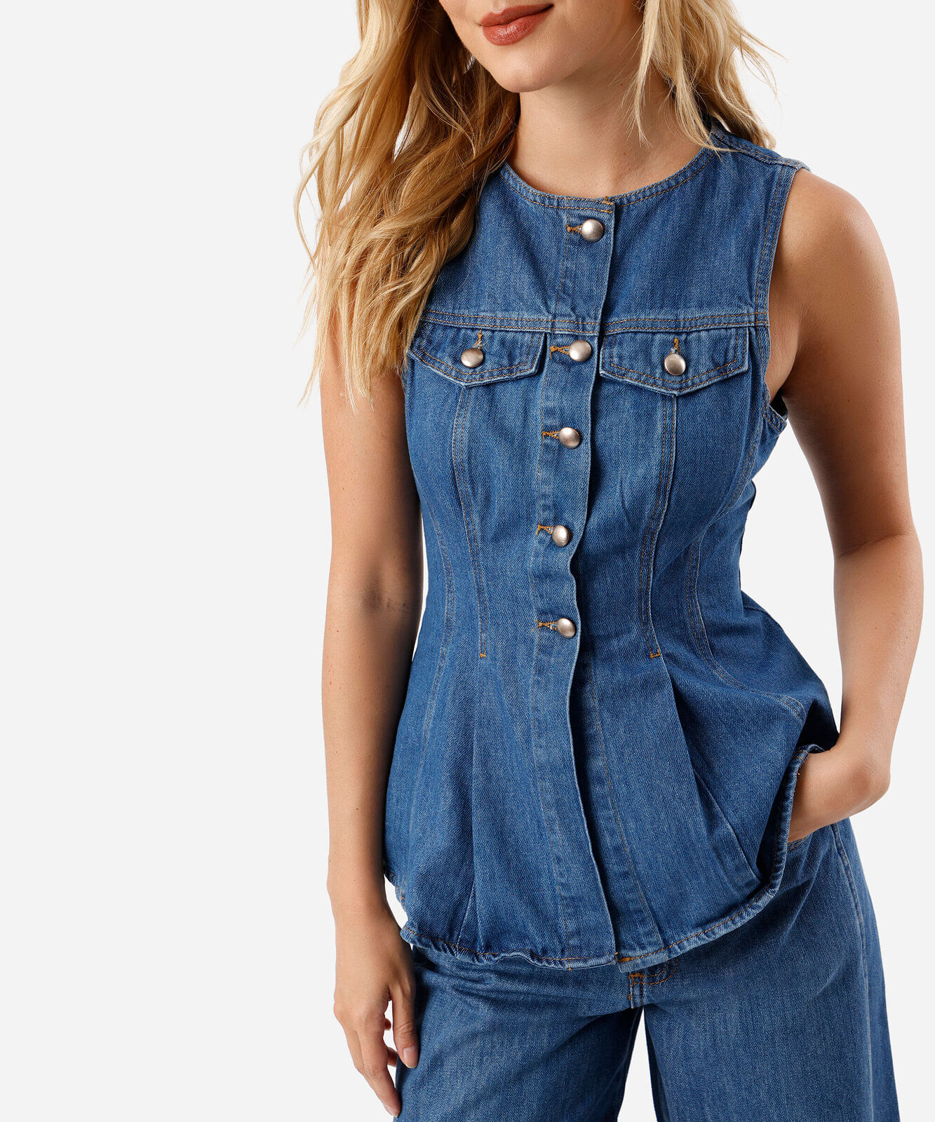 blusa peplum feminina jeans decote redondo azul