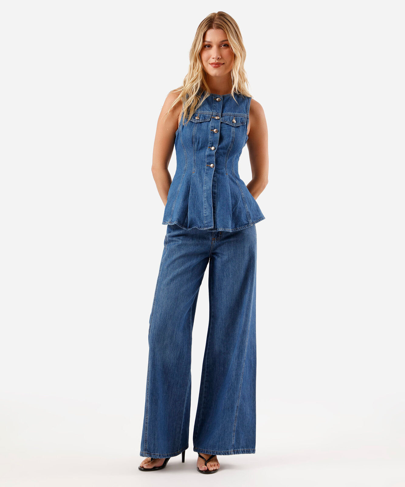 blusa peplum feminina jeans decote redondo azul