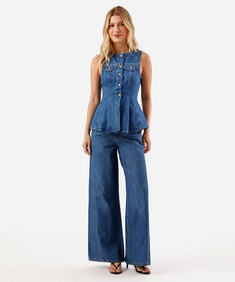 calça wide leg slim feminina jeans cintura média azul