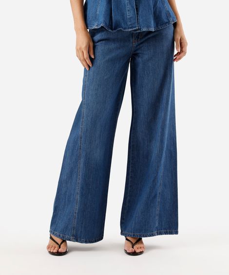 calça wide leg slim feminina jeans cintura média azul