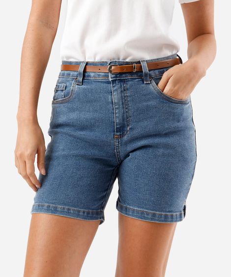 short feminino jeans cintura alta com cinto azul