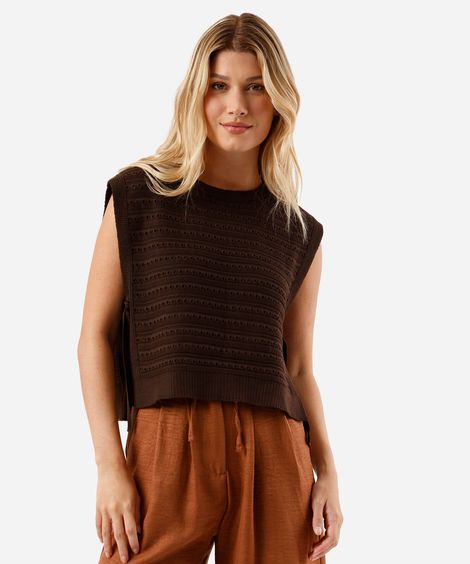 colete feminino de tricot com amarração marrom