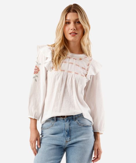 bata feminina de algodão com bordado e babado manga longa off white